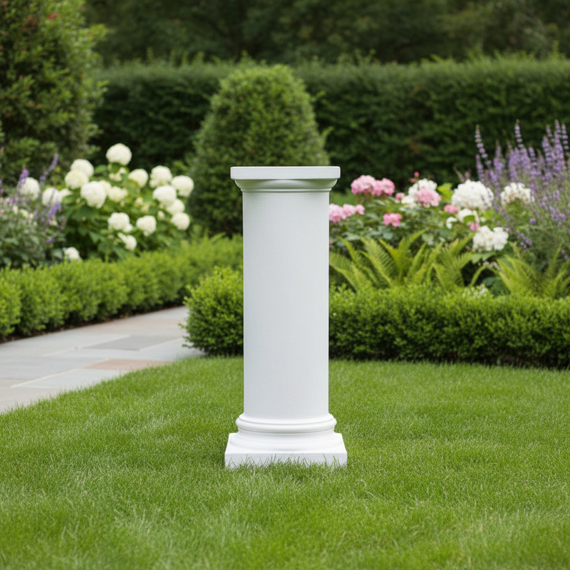 Classical Greek column with a simple capital and base, featuring smooth, unadorned cylindrical shaft and old world European style. Side Angle
