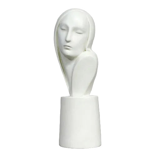 Sculpted head with elongated features and closed eyes, inspired by classical and Renaissance minimalist art styles.