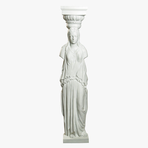 Caryatid column statue with classical Greek drapery and ornate Corinthian capital in old world European style Side View