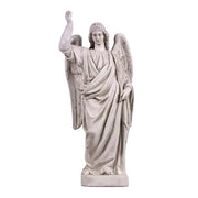 Angel statue with flowing robes, detailed wings, and raised arm in classical old world European style with ornate features.