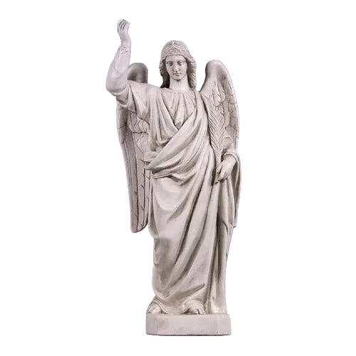 Angel statue with flowing robes, detailed wings, and raised arm in classical old world European style with ornate features.
