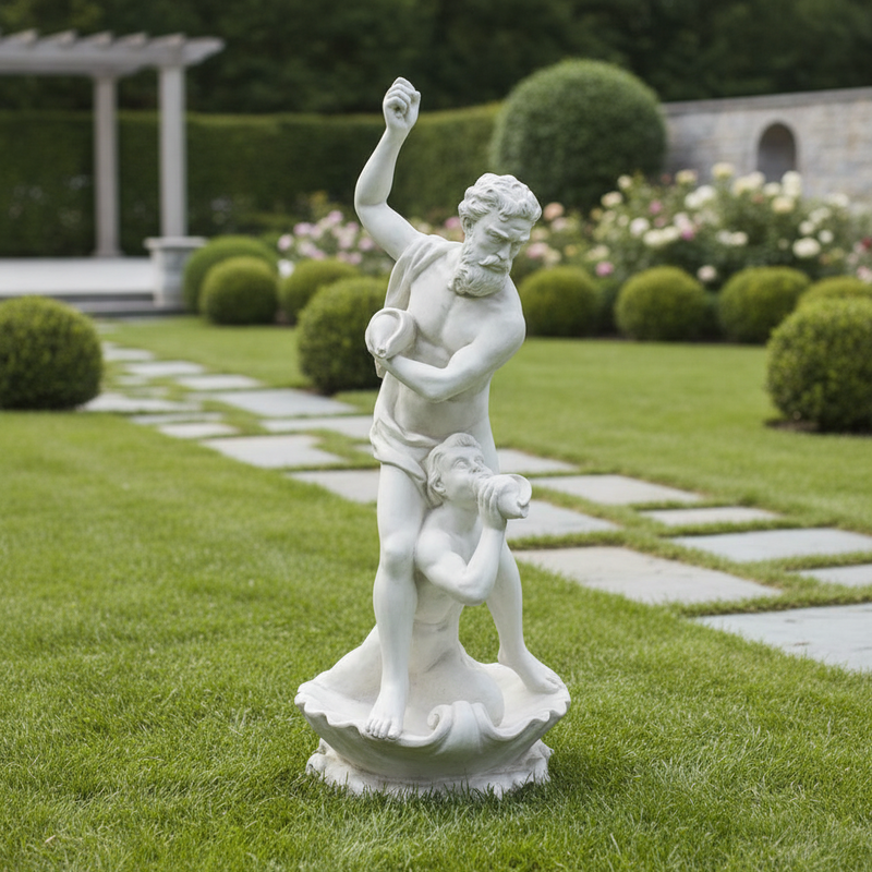 Classical Greek-style statue depicting a bearded man raising his arm above a kneeling figure on an ornate pedestal. Side Angle