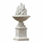 Ornate classical pedestal urn with sculpted flame motif, featuring old world European and Renaissance-inspired detailing.