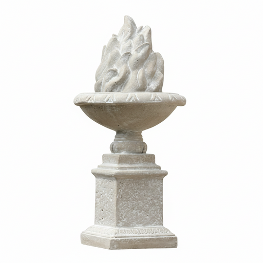 Ornate classical pedestal urn with sculpted flame motif, featuring old world European and Renaissance-inspired detailing.