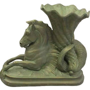 Mythical hippocampus vase with ornate, classical European detailing and flowing Baroque lines, featuring a curled fish tail.