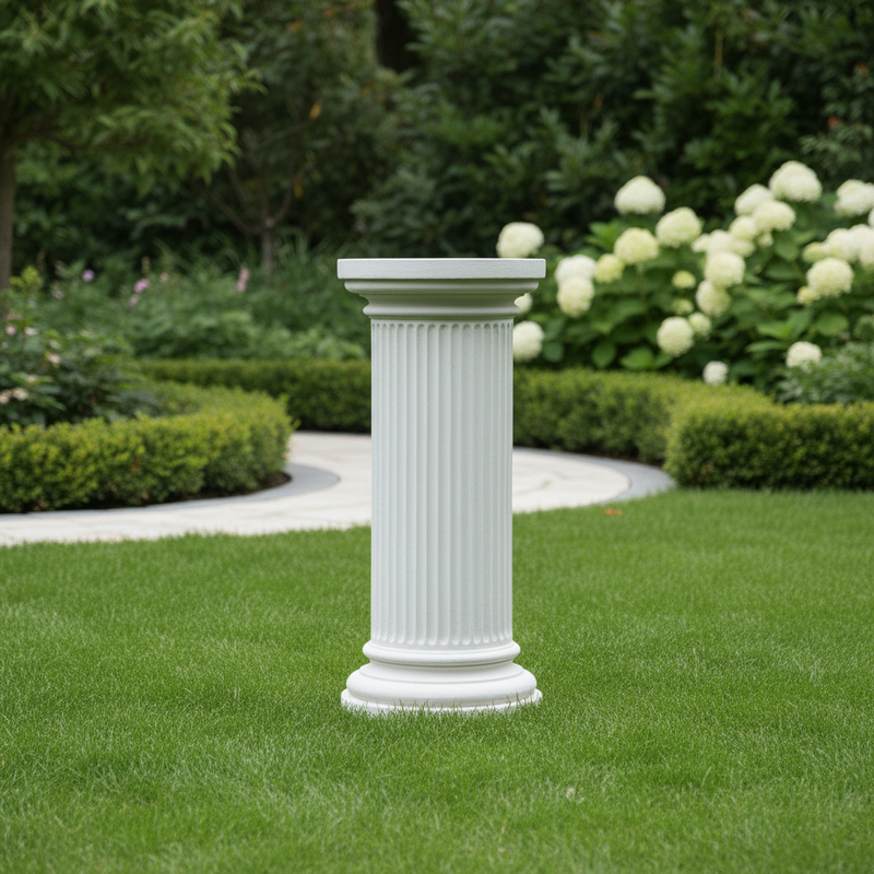 Classical Greek fluted column pedestal with ornate base and capital, featuring old world European architectural style. Side Angle