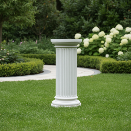 Classical Greek fluted column pedestal with ornate base and capital, featuring old world European architectural style. Side Angle