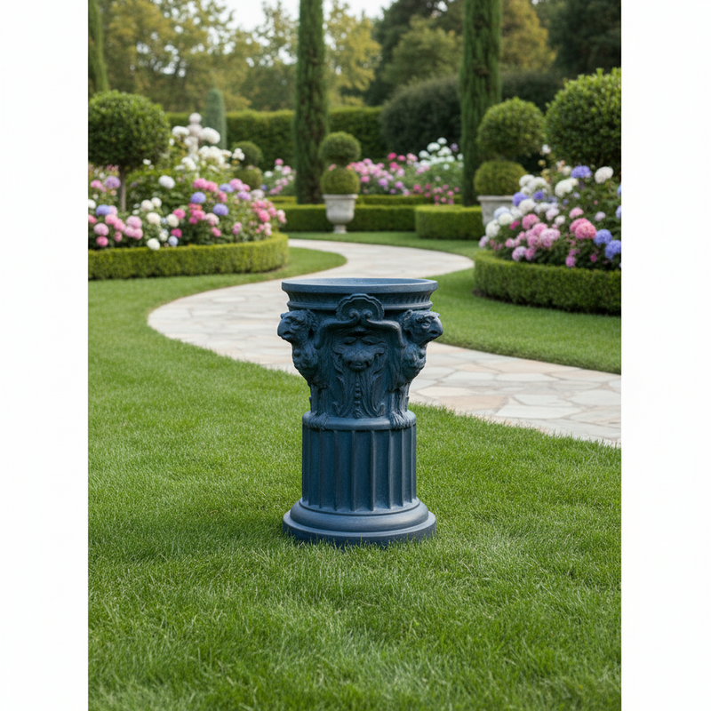 Classical pedestal with ornate lion head details and fluted column, inspired by old world European and Renaissance architectural styles Side Angle
