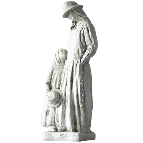 Mother and child statue in old world European style, featuring classical draped clothing and gentle, ornate detailing. Side View