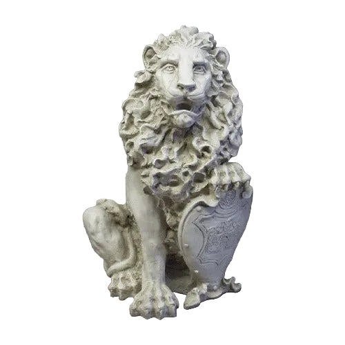 Regal lion statue with ornate mane and classical shield, featuring old world European and Baroque detailing in a seated pose.