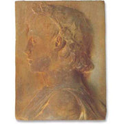 Classical relief plaque featuring a profile of a laurel-crowned figure in old world European Renaissance style.