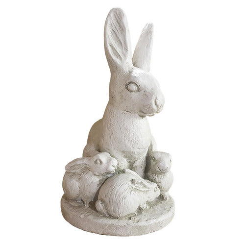 Rabbit statue with three baby bunnies in an ornate, old world European style, featuring classical sculptural details and rounded base.
