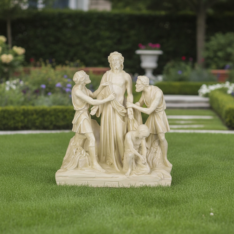 Classical Renaissance-style sculpture depicting three men and a central figure in an ornate, old world European composition. Different Angle