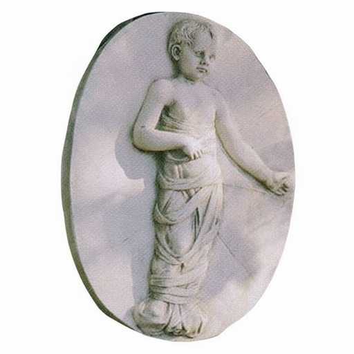 Classical relief medallion featuring a draped child in Renaissance style with ornate, old world European detailing. Side View
