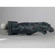 Gothic-style ornate gargoyle statue with open mouth, upright posture, and classical old world European detailing on a square base. Side Angle