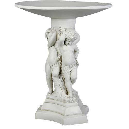 Baroque pedestal table with ornate cherub figures and classical old world European detailing on a tiered base.