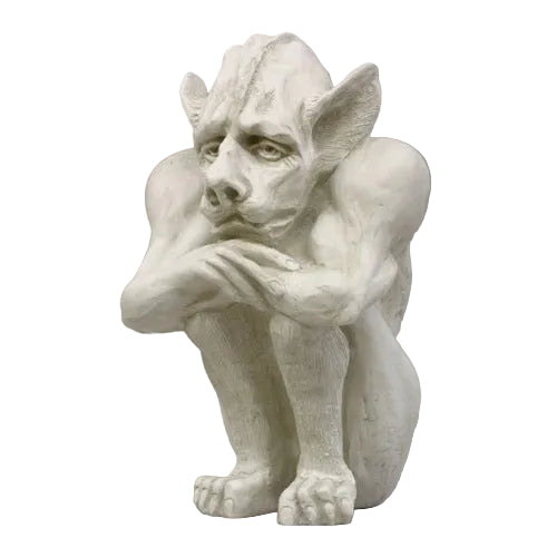 Gothic gargoyle statue with crouching posture, elongated ears, and expressive face, inspired by medieval European architecture.