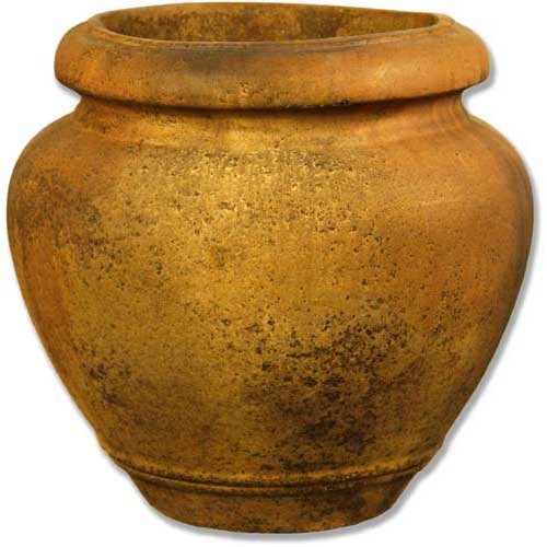 Old world European urn with a wide rim, rounded body, and subtle classical detailing, featuring an aged, weathered finish.
