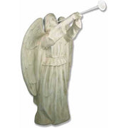 Angel statue with flowing robes and outstretched arms blowing a trumpet, featuring ornate old world European and classical details.