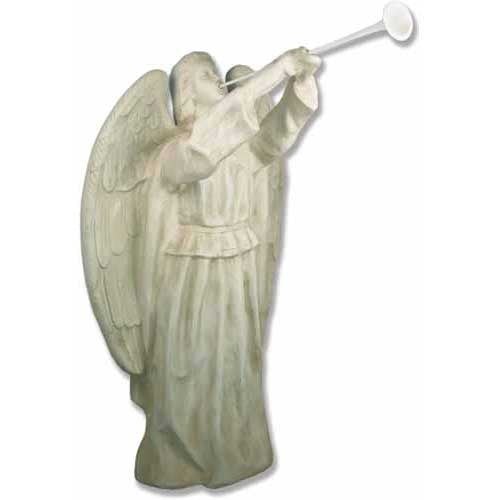 Angel statue with flowing robes and outstretched arms blowing a trumpet, featuring ornate old world European and classical details.