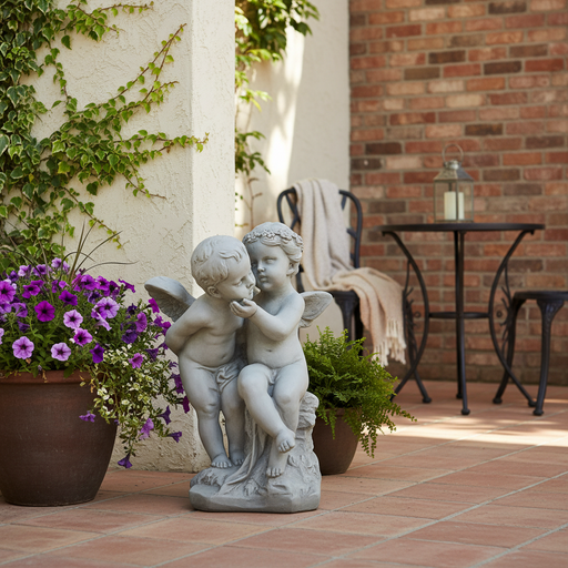Cherub statue in old world European style with one cherub seated and another leaning in, featuring ornate Baroque detailing. Side Angle