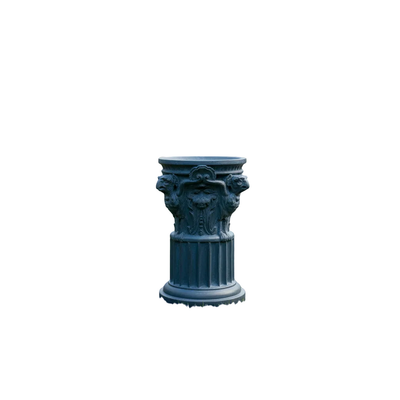 Classical pedestal with ornate lion head details and fluted column, inspired by old world European and Renaissance architectural styles Side View