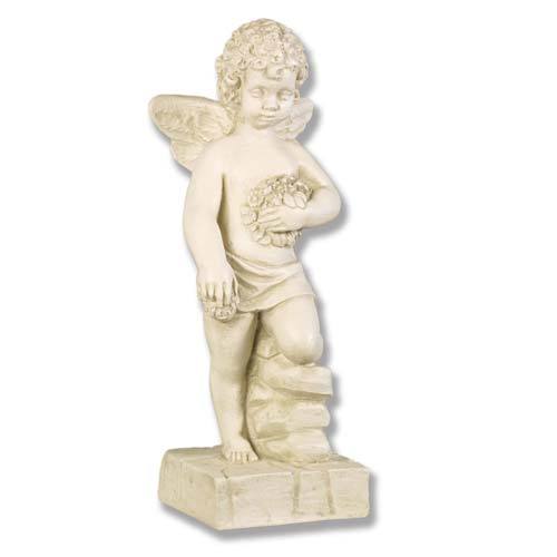 Cherub statue with curly hair and wings, holding a floral garland, standing in classical old world European style.