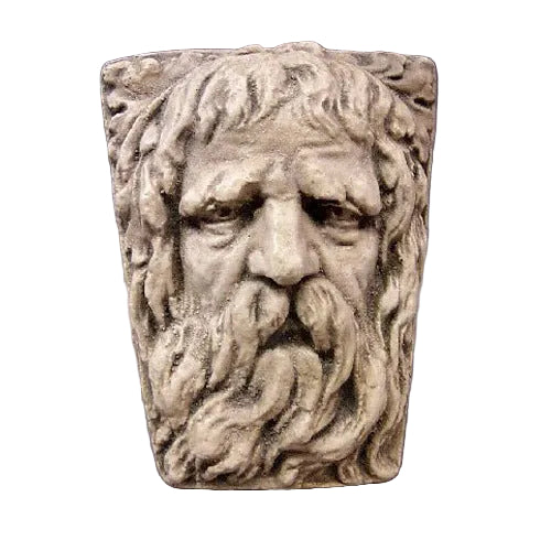 Bearded male face sculpture with deep-set eyes and flowing hair, featuring classical old world European and Renaissance style detailing.
