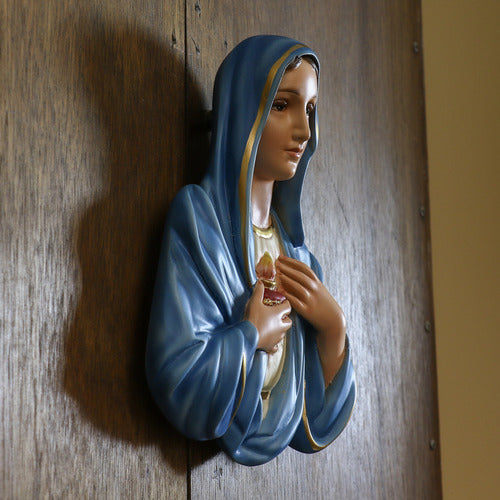 Virgin Mary wall plaque in old world European style, featuring classical serene expression and ornate Sacred Heart detail. Other Angle