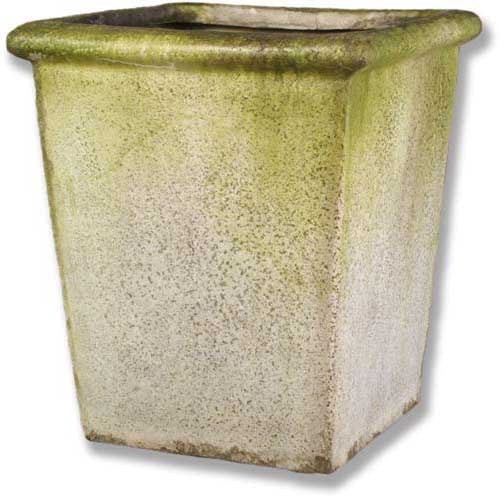 Square planter with gently flared rim, featuring an old world European, weathered, and subtly ornate classical design.