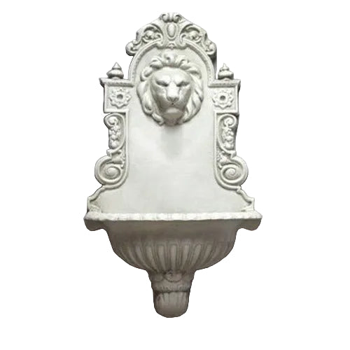 Ornate wall fountain with lion head motif, classical Baroque detailing, and intricate old world European scrollwork accents.
