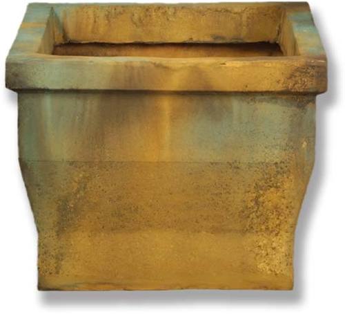 Square planter with flared sides, featuring old world European style and subtle classical architectural detailing.