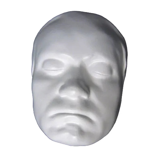 Classical European death mask with serene, closed eyes and solemn expression, featuring smooth, sculpted facial contours.