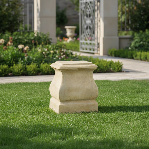 Classical pedestal base with curved sides and square top, featuring old world European architectural style and subtle ornate detailing. Side Angle