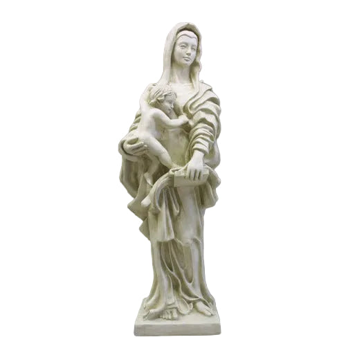 Madonna holding child statue in classical Renaissance style with flowing drapery and serene, old world European expression. Side View