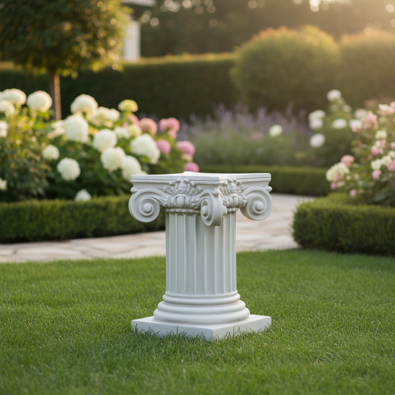 Corinthian column pedestal with ornate acanthus leaf detailing and classical fluted design in old world European style. Side Angle