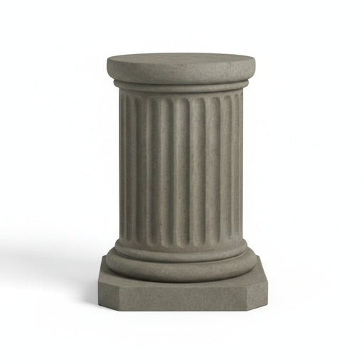 Classical Greek column pedestal with fluted shaft, ornate base, and round top, featuring old world European architectural style.