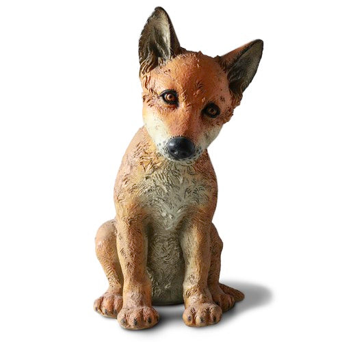 Sitting fox figurine with detailed fur texture and lifelike expression, featuring subtle old world European charm. Side View