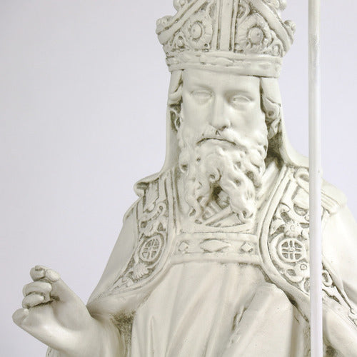 Baroque-style bishop statue with ornate robes, detailed staff, and intricate old world European religious motifs Additional Angle