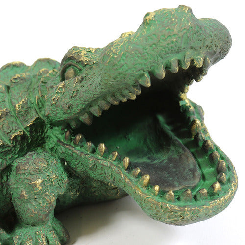 Alligator figurine with ornate, old world European detailing and textured Baroque-inspired scales, mouth open in dramatic pose. Other Angle