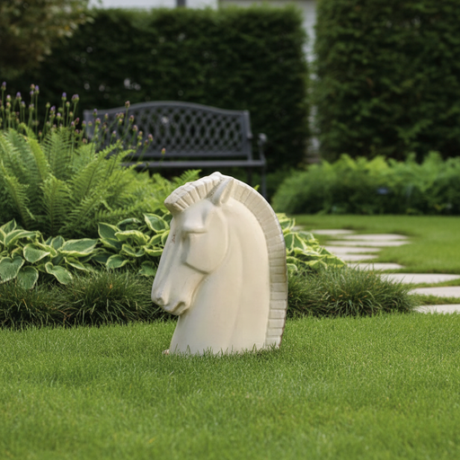 Horse head sculpture with classical Greek style, featuring detailed mane and strong, elegant lines in an old world European design. Side Angle