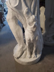 Classical Renaissance-style male statue with draped cloth, standing beside a dog, featuring detailed, lifelike sculptural elements. Different Angle