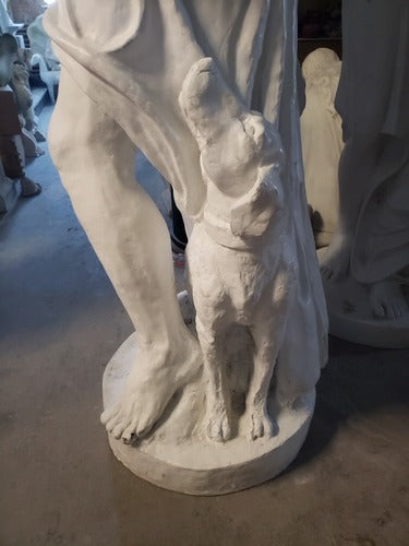 Classical Renaissance-style male statue with draped cloth, standing beside a dog, featuring detailed, lifelike sculptural elements. Different Angle