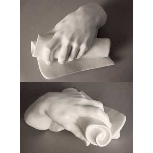 Classical Renaissance-style sculpture of a hand grasping a scroll, featuring realistic, ornate detailing and elegant contours.