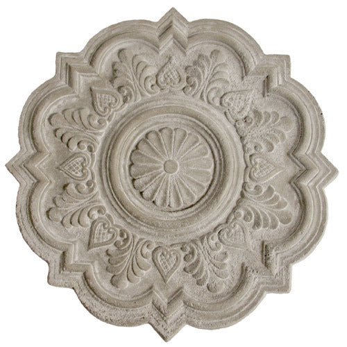 Ornate old world European ceiling medallion with classical floral and scrollwork details in a symmetrical, Baroque-inspired design.