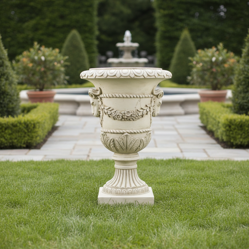 Ornate classical urn with ram head accents, laurel garland, and fluted pedestal in old world European Baroque style. Side Angle
