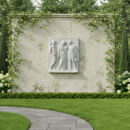Classical Greek relief sculpture featuring three draped figures in flowing robes with detailed, ornate folds and ancient attire. Side Angle