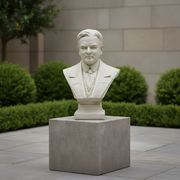 Classical European bust sculpture featuring a man in a suit and tie with detailed, realistic facial features and an ornate base. Side Angle