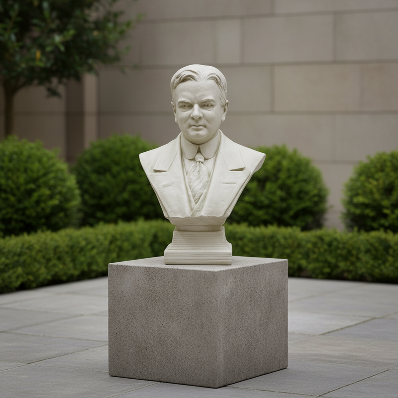 Classical European bust sculpture featuring a man in a suit and tie with detailed, realistic facial features and an ornate base. Side Angle