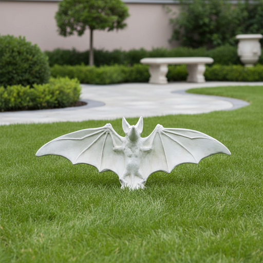 Bat wall sculpture with outstretched wings, featuring ornate Gothic and medieval detailing in an old world European style. Side Angle